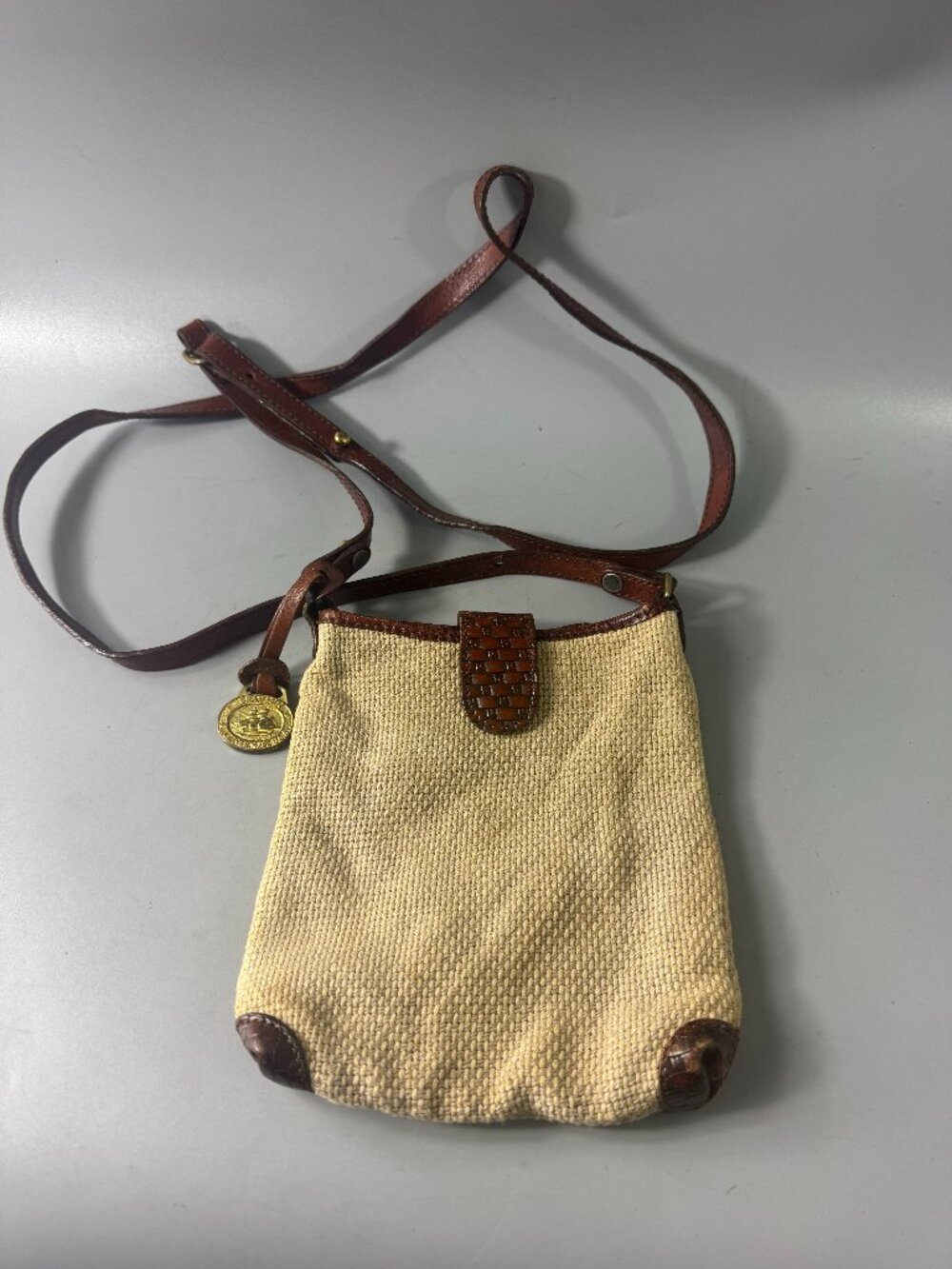 Brahmin Crossbody Bag Woven Canvas Croc Embossed Leather Trim